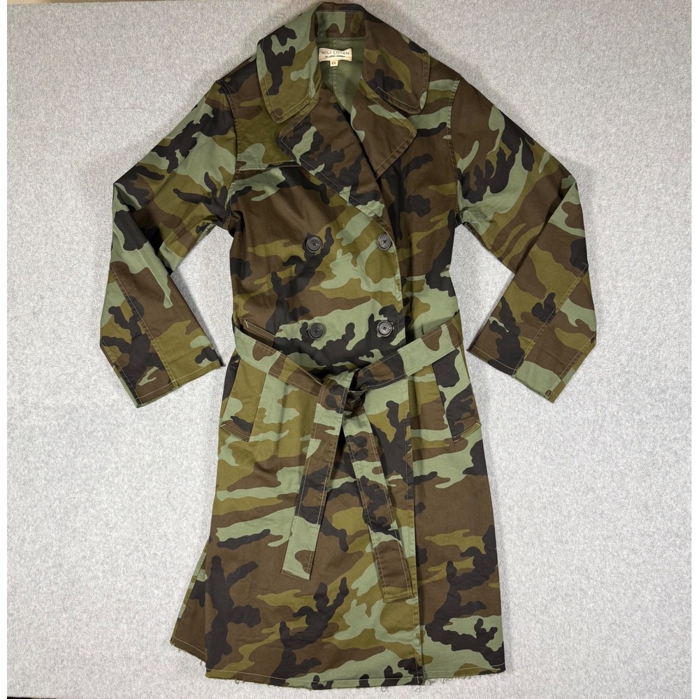 Nili Lotan Camo Trench Coat Womens XS Green Brown Camouflage Belted Jacket